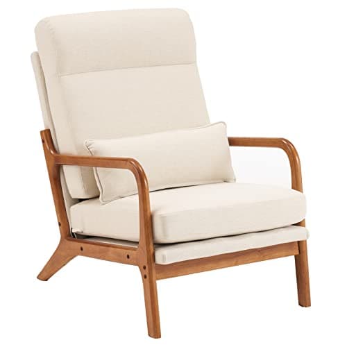 Image of Karl home Accent Chair, Mid-Century Modern Armchiar Lounge Reading Chair with Pillow High Back Line Fabric Upholstered Solid Wood Frame & Soft Cushion for Living Room, Bedroom, Balcony, Beige