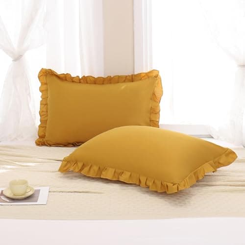 Image of Merryword Mustard Yellow Pillowcases Standard Pillowcases 20x26inch Set of 2 Ruffle Pillow Shams Cute Pillow Covers Solid Yellow Shabby Chic Pillowcases
