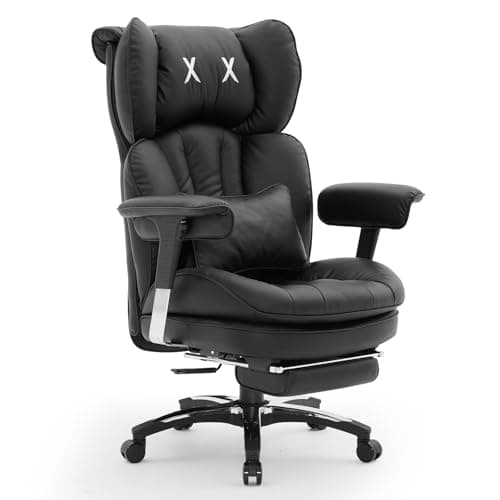 Image of Efomao Desk Office Chair, Heavy Duty 200kg Big and Tall Executive Computer Chair, Unique XX Embroidery Ergonomic High Back PU Leather Chair with Retractable Footrest, Black