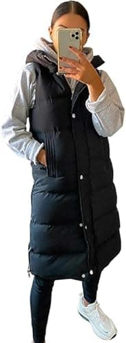 Image of FLIRTY WARDROBE Longline Hooded Quilted Gilet Waistcoat Zip Up Padded Winter Bodywarmer Jacket Vest Long Coat Womens Ladies (X-Large, Black), (flirt934)