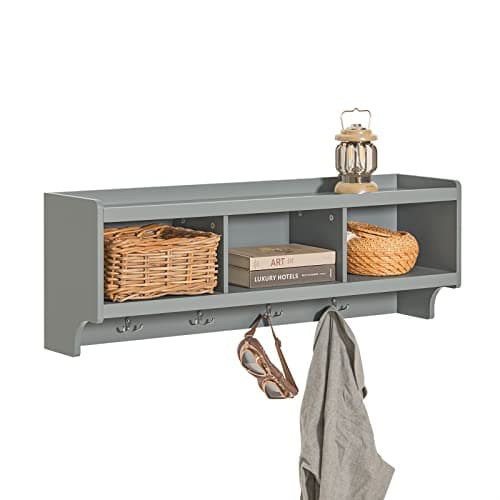Image of SoBuy FHK28-HG, Wall Coat Rack Wall Shelf Wall Storage Cabinet Unit with 3 Compartments 4 Hooks