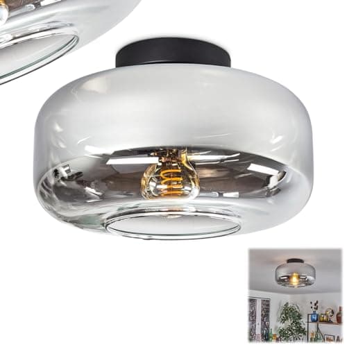 Image of Boza Ceiling Light, Round Ceiling lamp Made of Metal/Glass in Black/Chrome/Smoke/Clear, lamp in a Modern Retro/Vintage Design with Glass Shade (Ø 28 cm), 1 x E27, Without Bulb