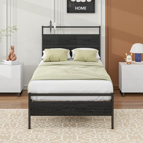 Image of HOJINLINERO Single Bed Frame with Wooden Headboard,Metal Bed Frame Single Beds for Adults,Underbed Storage,Bed Base,No Box Spring Needed,Heavy Duty Slats Support for Bedroom Guest Room,Black