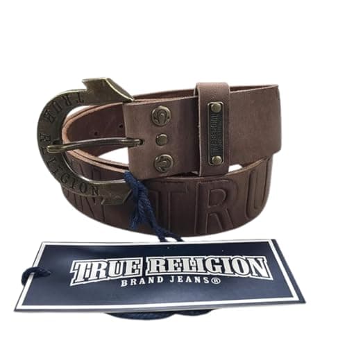 Image of Womens True Religion Jeans Leather Belt Brown Script Hardware Logo Horseshoe Buckle