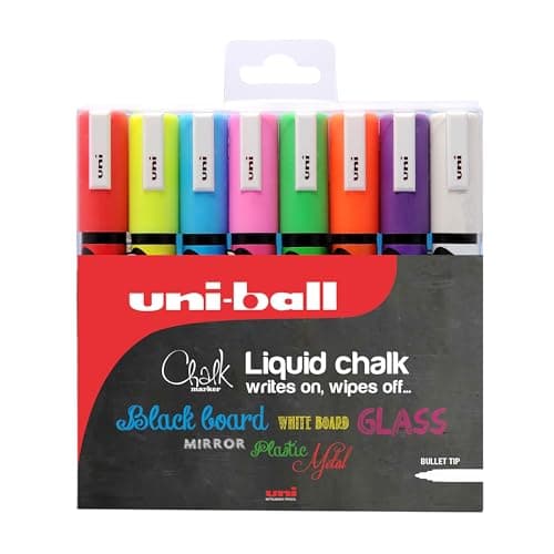 Image of uni-ball PWE-5M Liquid Chalk Pens. Multi-Purpose Wipeable Coloured Markers for Blackboards, Chalkboards, Whiteboards, Glass, Mirrors, Plastic, Windows, Metal. Safe for Kids. Bullet Tip. 8 Pack