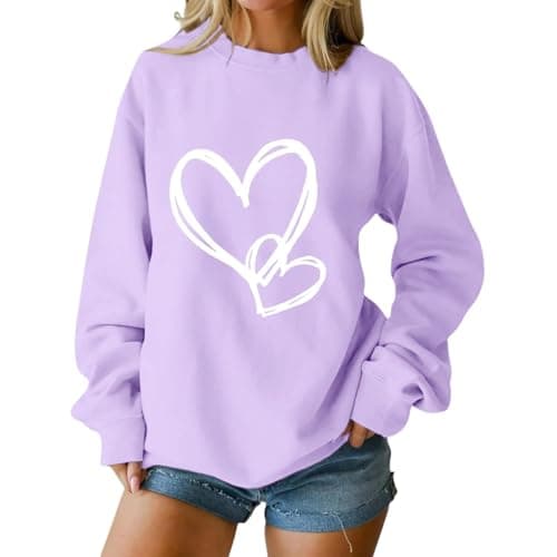 Image of Heart Print Oversized Sweatshirt Women Valentines Ladies Sweatshirts Long Sleeves Loose Fit Pullover (Light Purple, XL)
