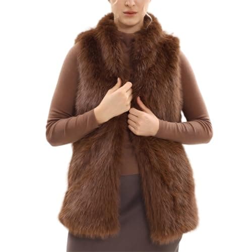 Image of Amazhiyu Womens Faux Fur Waistcoat, Warm Gilet with Pocket&Belt, Sleeveless Crew Neck Outwear Long Cardigan for Winter/Autumn UK Brown L