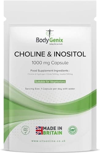 Image of Bodygenix Choline & Inositol Capsules - 1000mg Healthy Skin Brain Health & Metabolic Support Food Supplement - Natural Vegan Friendly 30 Capsules, 1 Month Supply