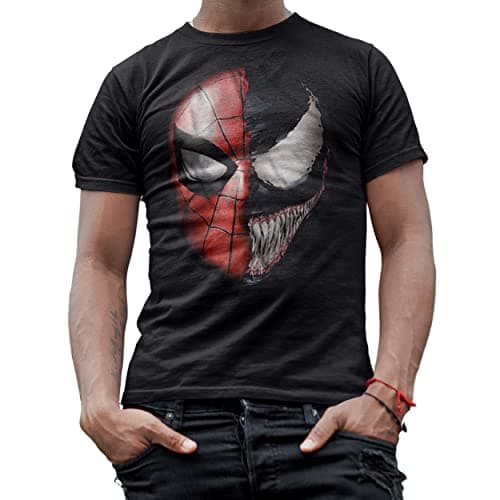 Image of Venom Spidey Faces Spiderman Avengers Villain Comic Book Menâ€™s Graphic T-Shirt (Black, Small)