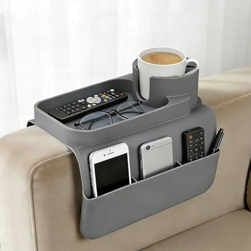Image of Sofa Arm Tray - Silicone Non-Slip Armchair Tray Caddy, Arm Chair Armrest Table Trays, with Double Side Pockets, Sofa Organiser for Cups, Phones, Tablets, Remote Control and Snacks (Gray)