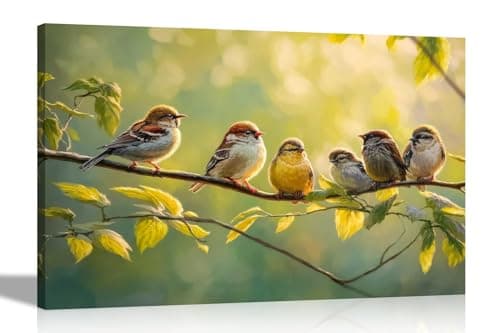 Image of Artley Prints - Summer Sunshine Birds on Branch Canvas Wall Art Pictures Flower Print for Living Room Décor Nature Home Office 30 x 20cm (12 x 8 inches) A4