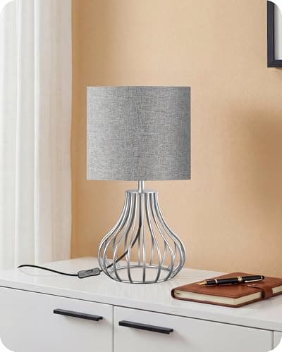 Image of GOEBELSON Bedside Table Lamp, Silver Metal Table Lamp with Grey Linen Lampshade, Modern Bedside Lamps for Bedroom, Industrial Cute Desk Lamp, 4W 2700K LED Bulb Included ZSH10TLK05