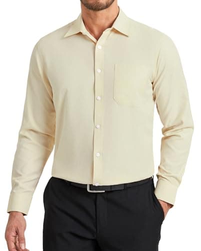 Image of HISDERN Mens Shirts Long Sleeve Formal Champagne Dress Shirt for Men Adult Smart Casual Regular Fit Easy Iron Business with Pocket Beige XL