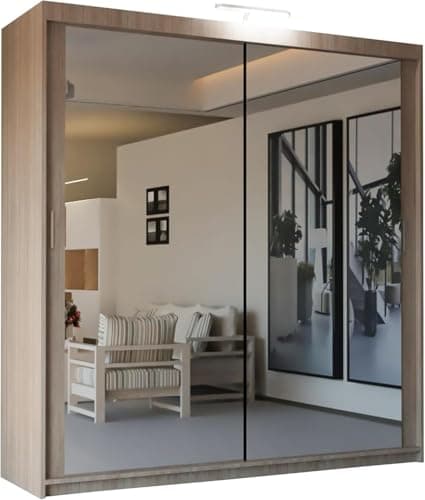 Image of SLIDING WARDROBE 4U Mirror Sliding 2 or 3 Door Wardrobe with LED Light 90cm/120cm/150cm/180cm/203cm/250cm White-Black-Grey-Walnut-Wenge-Oak (Oak, 203cm)