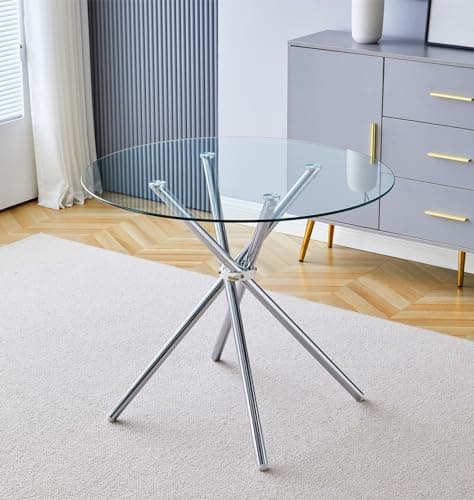 Image of Hallowood Furniture Cullompton Small Glass Dining Table with Stainless Steel Cross Legs, 2-4 Seater Glass Top Round Table for Dining Rooms, Kitchens, or Cafés (90cm)