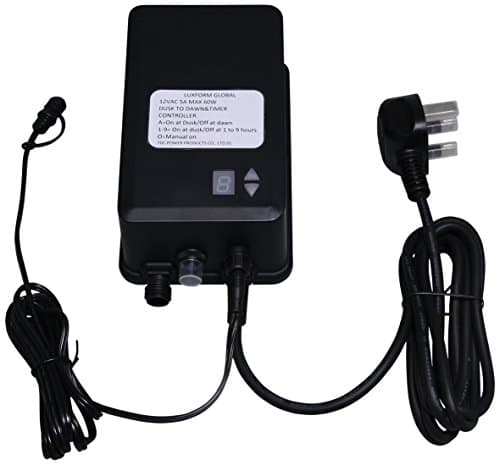 Image of Luxform Lighting 60W Transformer with Built in On, Off, Auto and 1-9 Hour photocell Timer and Dusk/Dawn Sensor. Input: 230Vac 50Hz BS Moulding Plug. Output: 12Vac 60W Female Plug.