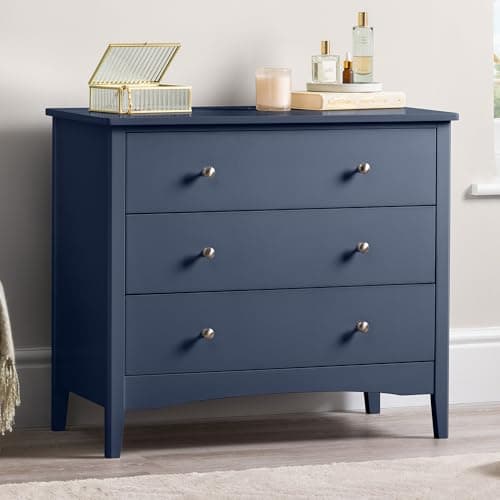Image of CHRISTOW Navy Blue Chest Of Drawers, 3 Drawer Storage Organiser Unit, Modern Wooden MDF Bedroom Cabinet Furniture, Living Room Hallway, Brushed Chrome Handles, Easy Glide Runners (70cm x 80cm x 40cm)