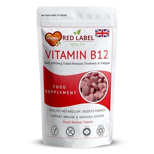 Image of Red Label Health Vitamin B12 Tablets High Strength 1000mcg for Men & Women, Pack of 100 Tablets (3+ Months Supply), Methylcobalamin B12 Vitamin for Tiredness and Fatigue, Vegetarian, Vegan