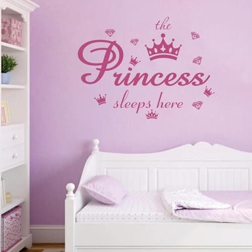 Image of Vinyl Wall Decals Quote The Princess Sleeps Here Pink Crown Diamond Wall Stickers Removable DIY Art Words Mural Wallpaper Decor for Girls Kids Bedroom Nursery Home Decoration