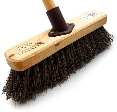 Image of Broom Outdoor Yard Broom 10” Stiff Sweeping Brush with Wooden Handle Natural Bassine Hard Bristles Garden Brooms for Wet and Dry Cleaning, Garden, Decking, Warehouse