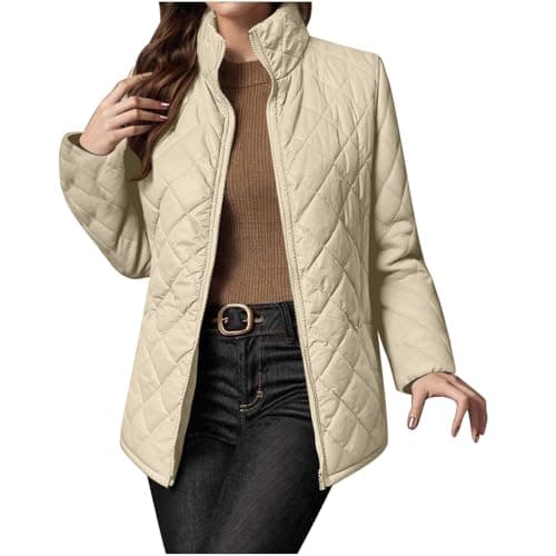 Image of AnnSemo Women's Lightweight Quilted Jackets Casual Solid Colour Cotton Coats Long Sleeve Stand Collar Full Zip Ladies Padded Jackets with Pockets Winter Coats for Women UK