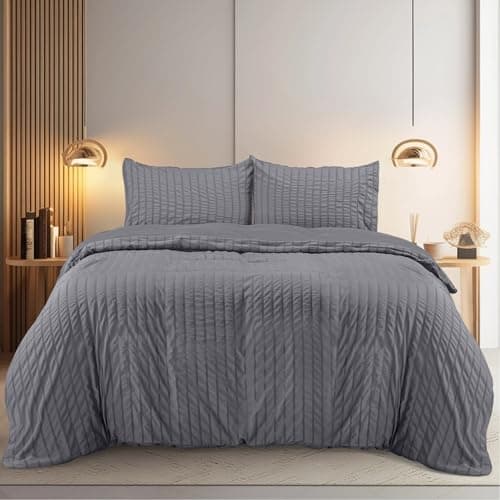 Image of Utopia Bedding Seersucker Duvet Cover - King Size Duvet Cover Set with Pillowcases - Soft Microfibre Polyester Seersucker Bedding (Grey)