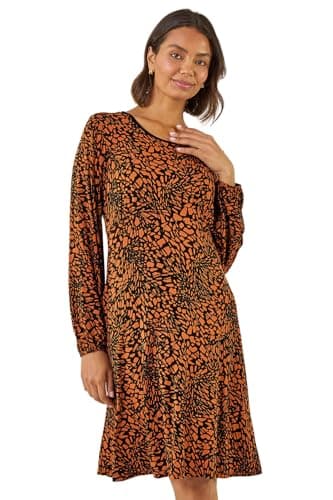 Image of Roman Women Gathered Chest Dress Ladies Stretchy Fit & Flare Swing Tea A Line Skater Knee Length Long Sleeve Midi Smart Casual Work Going Out Cocktail Party - Abstract Tan - Size 14