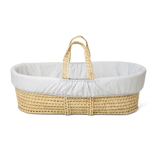 Image of Clair de Lune Stripe Palm Moses Basket with Bedding 75 x 28 cm (Grey)