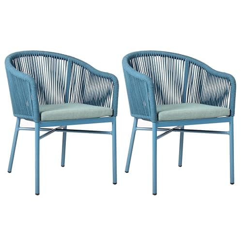 Image of BrackenStyle Fleet Rope Arm Chairs - Rope Weave Seat with Durable Metal Frame - Comfy Seat Cushion Included (Set of 2, Blue)