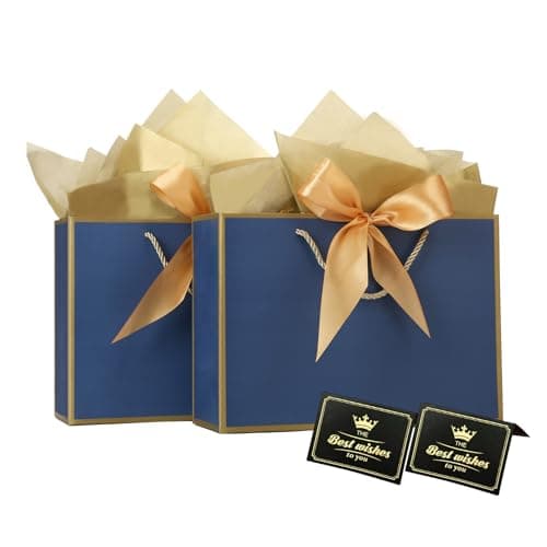 Image of Gift Bags, 2PCS Medium Paper Gift Bags with Ribbon, 4 Tissue Paper, and 2 Greeting Cards, Dark Blue Present Bags with Handles for Birthday Bridesmaid Wedding Party Christmas Gifts 28 x 10 x 20cm
