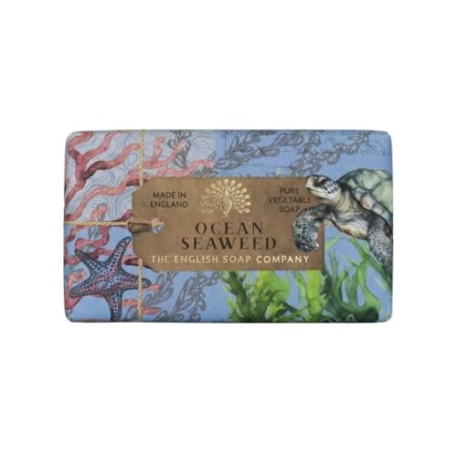 Image of The English Soap Company Anniversary Ocean Seaweed Soap - Luxury Shea Butter Bar Infused with Seaweed and Marine Notes - Vegan Friendly, Plastic-Free Recyclable Packaging, Made in England - 190g