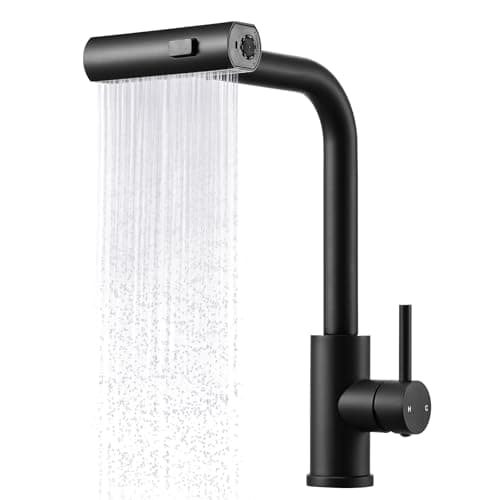Image of Peppermint Matt Black Kitchen Taps with Pull Out Spray Waterfall Kitchen Tap with Pull Out Hose Stainless Steel Sink Tap Mixer Single Lever Mixer Taps 1 Hole 3 in 1 Faucet with 360 Swivel
