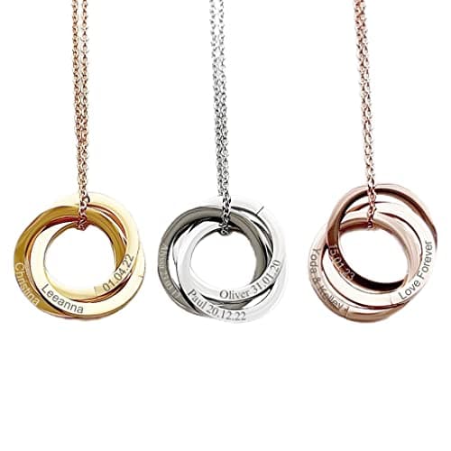 Image of Personalised Interlocking Circle Necklace, Waterproof 316L Surgical Stainless Steel Chain, Linked Ring Pendant in Gold Rosegold Silver, Engraved Multiple Russian Ring, Custom Name Charm in 304 Steel