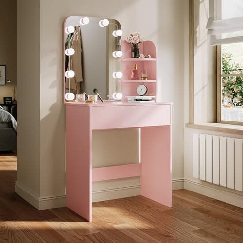 Image of ELEGANT Pink Dressing Table with Hollywood LED Lights Mirror, Vanity Table with 1 Large Drawer & 2 Shelves, Large Storage Makeup Table for Women Girls Bedroom