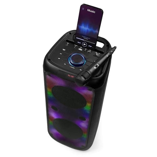 Image of INTEMPO Blaze Wireless Speaker – 100W PMPO Bluetooth, Large Party Speaker, Events, 5 LED Light Modes, 10 Hour Playtime, 100W Output, 25m Range, Rechargeable, Includes Wired Karaoke Mic & Phone Holder