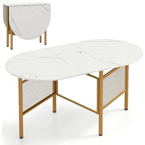 Image of COSTWAY Folding Dining Table for 6-8, 150cm Drop Leaf Table with Metal Legs, Space Saving Oval Writing Console Table Furniture for Home Kitchen Dining Room Office (White+Golden)