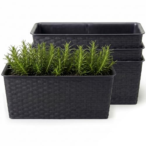 Image of Lizzy 4 Pack Rattan Rectangle Planter Box Large Trough Flower Pot Indoor Outdoor Window Box Herb Vegetable Planter Balcony Garden Container Durable Plastic Woven Design - Dark Grey