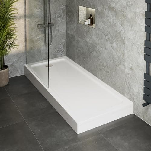 Image of Hydrolux® 1700 x 700 x 140mm White Bathroom Shower Tray for Enclosures Cubicles & Wet Room with Waste + Riser Kit, Rectangular