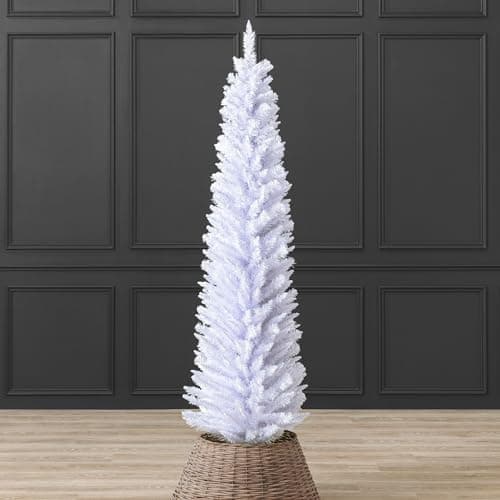 Image of Christow White Pencil Christmas Tree 6ft, Artificial Slim Spruce, Modern Indoor Xmas Decoration, Lifelike Forked Branches with PVC Needles, Easy Assembly with Stand, Tip Count 321 (skirt not included)