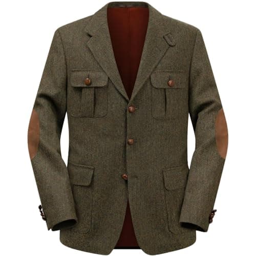Image of RAJEGAR Men Tweed Herringbone Sport Coats Slim Single Breasted Wool Blend Blazer Jackets Casual Warm Vintage British Coat Green