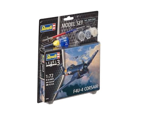 Image of Revell Model Set 63955 F4U-4 Corsair 1:72 Scale Unbuilt/Unpainted Plastic Model Kit with Contacta Professional Glue, Paintbrush & Selected Aqua Color Paints