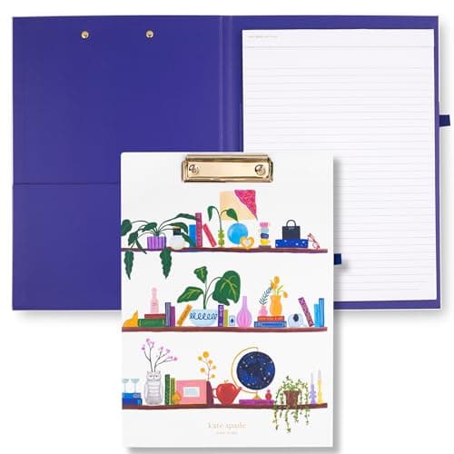 Image of kate spade new york A4 Clipboard Folio with Low Profile Clip, Professional Padfolio Includes Lined Notepad, Pen Loop, and Pocket, Charmed Library