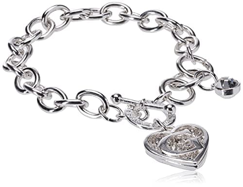 Image of GUESS Toggle Chain Bracelet with Logo Heart Link Charm Bracelet, One Size, Crystal