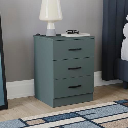 Image of Vida Designs Large Jasper Green Bedside Cabinet Chest of Drawers, 3 Drawer With Metal Handles and Runners, Unique Anti-Bowing Drawer Support, Riano Bedroom Furniture