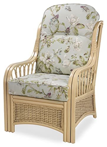 Image of Desser Vale Rattan Conservatory Chair – Fully Assembled Armchair in Natural Wash Frames – Indoor Wicker Cane Settee with UK Made Cushions in Floral Lily Fabric - H100cm x W65cm x D87cm