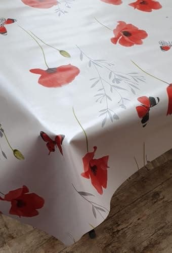 Image of Designers247 Off White Red Poppy Flowers PVC Tablecloth Silver Grey Green Leaves Poppies Floral PVC Vinyl Plastic Oilcloth Wipe Clean Table Cloth Protector (100cm x 140cm Rectangle 39" x 54" inches)