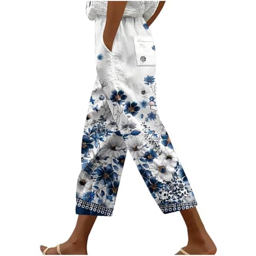 Image of Womens Cropped Capri Pants UK Sale Ladies Floral Printed 3/4 Length Trousers Elastic Waist Bottoms Drawstring Shorts with Pockets Summer Joggers Loose Comfy Sweatpants Smart Work Going Out Activewear