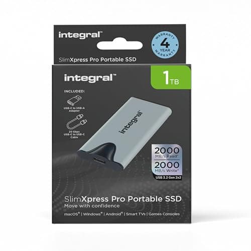Image of Integral SlimXpress Pro 1TB Portable SSD External Hard Drive: USB-C, 2000MB/s Read/Write, USB 3.2 Gen 2x2, Compact Design, Plug & Play, Compatible with Mac, Windows PC, Android, Xbox, PlayStation