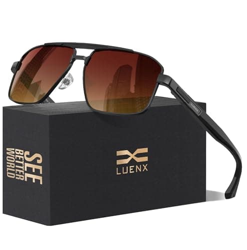 Image of LUENX Sunglasses for Men Square Polarized Polygon Shades Driving UV 400 Protection 60mm-Gradient Brown Lens Black Metal Frame Glossy Temple