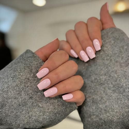 Image of KQueenest Nude Pink Press on Nails Short Medium Square, Coral Pink False Nails Short Coffin, Glossy Natural Solid Color Fake Nails Set, Reusable Gel Stick on Nail for Women Finger Daily Wear 30 Pcs
